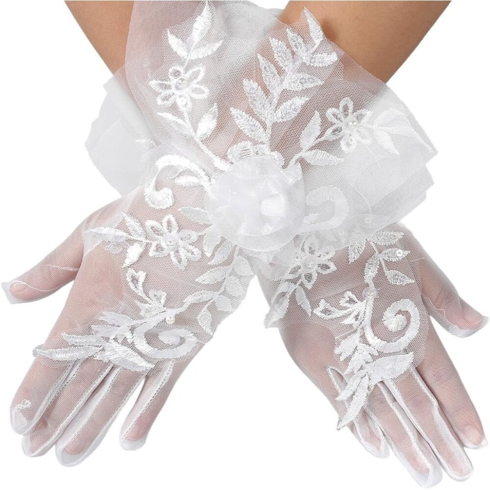 Women's Floral Embroidered White Short Lace Fabric Glove Cosplay Accessories